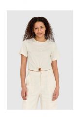 GUESS Kremowy t-shirt damski cropped fit piercing. Brązowe t-shirty damskie Guess, s, z aplikacjami, z bawełny, bez kołnierzyka, bez ramiączek. W wyprzedaży za 149.99 zł.