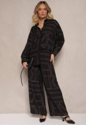 Czarny Komplet z Wiskozy Zdobiony Geometrycznym Printem Koszula i Spodnie Hanovin. Czarne koszule damskie Renee, l, z aplikacjami, z tkaniny, eleganckie, bez kołnierzyka, bez ramiączek. Za 99.99 zł.