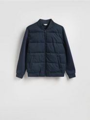 Kurtka bomberka ze stójką - granatowy. Niebieskie kurtki męskie Reserved, l, bez wzorów, z bawełny, bez kaptura. Za 159.99 zł.