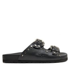 Klapki Pepe Jeans. Czarne klapki damskie Pepe Jeans, bez wzorów, z jeansu, rockowe, bez obcasa, bez zapięcia. Za 379.99 zł.