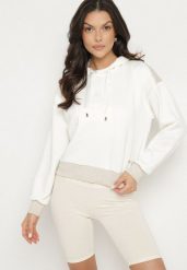 Biała Bluza z Kapturem Metaliczną Nitką i Ściągaczami Ulinisa. Białe bluzy damskie Born2be, m, bez wzorów, z jeansu, casualowe, bez ramiączek, z kapturem. Za 79.99 zł.