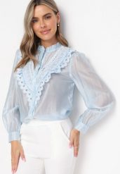 Niebieska Koszula z Koronką Walaa. Niebieskie koszule damskie Born2be, m, bez wzorów, z koronki, bez kołnierzyka, bez ramiączek. Za 129.99 zł.