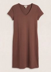 Sukienka T-shirtowa z elastycznej mieszanki bawełny. Brązowe sukienki damskie bonprix, bez wzorów, z bawełny, bez kołnierzyka, bez ramiączek. Za 72.99 zł.