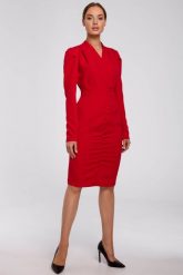 Sukienka elegancka kopertowa sukienka midi z marszczeniami czerwona. Czerwone sukienki damskie Sukienki.shop, do pracy, xxl, bez wzorów, biznesowe, bez kołnierzyka, bez ramiączek, midi, kopertowe. W wyprzedaży za 209.00 zł.