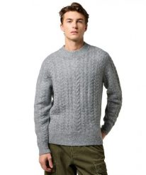 MESKI SWETER WRANGLER CABLE KNIT SWEATER GREY HEATHER 112371666. Brązowe swetry męskie Wrangler, m, bez wzorów, bez kołnierzyka, bez ramiączek. Za 169.99 zł.