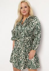 Zielono-Beżowa Sukienka Mini z Falbanką i Abstrakcyjnym Wzorem Ovina. Zielone sukienki damskie Born2be, l, bez wzorów, bez kołnierzyka, bez ramiączek, mini, rozkloszowane. Za 89.99 zł.