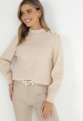 Jasnobeżowy Sweter Dzianinowy z Długim Rękawem i Guzikami Omes. Brązowe swetry nierozpinane damskie Born2be, bez wzorów, z dzianiny, bez kołnierzyka, bez ramiączek. Za 129.99 zł.