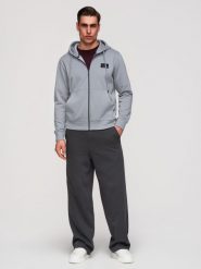 Męska rozpinana bluza dresowa z kapturem i naszywką – szara V1 - Rozmiar: XL. Szare bluzy męskie Ombre Clothing, m, z aplikacjami, z bawełny, biznesowe, bez ramiączek, z kapturem. Za 169.99 zł.