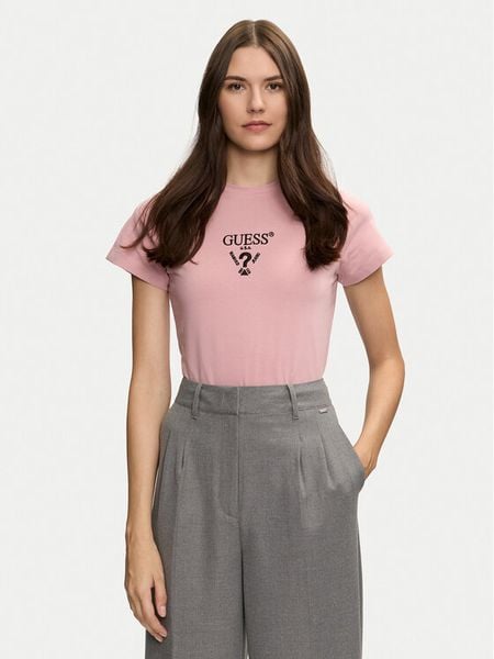 Guess T-Shirt Colette V4YI21 KCDH1 Różowy Regular Fit. Czerwone t-shirty damskie Guess, xxs, z aplikacjami, z bawełny, bez kołnierzyka, bez ramiączek. Za 79.99 zł.
