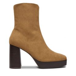 Botki DeeZee. Brązowe botki damskie DeeZee, bez wzorów, bez obcasa, na słupku, bez zapięcia. Za 199.99 zł.