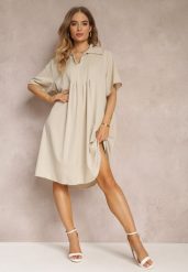 Jasnobeżowa Zwiewna Sukienka Rozkloszowana z Kołnierzykiem i Zakładkami Pedrisa. Brązowe sukienki damskie Renee, z aplikacjami, bez kołnierzyka, bez ramiączek, midi, rozkloszowane. Za 89.99 zł.