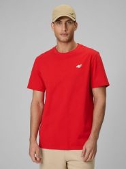 4F T-shirt regular gładki męski - czerwony S. Czerwone t-shirty męskie 4F, m, bez wzorów, z materiału, bez kołnierzyka, bez ramiączek. Za 49.99 zł.