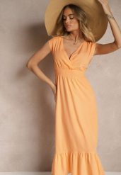Pomarańczowa Kopertowa Sukienka z Wiskozy Zdobiona Falbanką Ularisela. Brązowe sukienki damskie Renee, na co dzień, l, z aplikacjami, z wiskozy, eleganckie, bez kołnierzyka, bez ramiączek, midi, kopertowe. Za 49.99 zł.