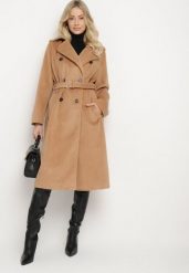 CIemnobeżowy Długi Dwurzędowy Płaszcz z Paskiem Senoriel. Brązowe płaszcze damskie Born2be, na zimę, xl, bez wzorów, z jeansu, eleganckie, bez kołnierzyka, bez kaptura. Za 149.99 zł.