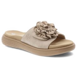 Beżowe Klapki Rieker Stylowe Obuwie Damskie Z Kwiatem. Brązowe klapki damskie Rieker, na lato, bez wzorów, eleganckie, bez obcasa, bez zapięcia. Za 259.00 zł.