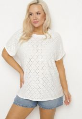Biały T-shirt z Bawełną i Ażurowym Wzorem Puzira. Białe t-shirty damskie Born2be, s, w ażurowe wzory, z bawełny, eleganckie, bez kołnierzyka, bez ramiączek. Za 34.99 zł.