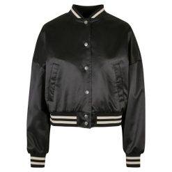 Damski oversizowy satynowy krótki żakiet Urban Classics College. Czarne marynarki i żakiety damskie Urban Classics, bez wzorów, z elastanu, sportowe, bez kołnierzyka, bez ramiączek. Za 200.00 zł.