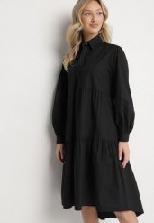 Czarna Bawełniana Sukienka Koszulowa o Rozkloszowanym Kroju Olenias. Czarne sukienki damskie Born2be, na co dzień, l, bez wzorów, z bawełny, bez kołnierzyka, bez ramiączek, midi, kopertowe. Za 109.99 zł.