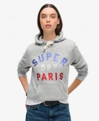 Bluza z kapturem z błyszczącym logo graficznym. Szare bluzy damskie Superdry, m, bez wzorów, z bawełny, bez ramiączek, z kapturem. Za 281.45 zł.