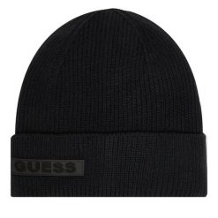 Czapka Guess. Czarne czapki męskie Guess, na zimę, z aplikacjami. Za 139.99 zł.