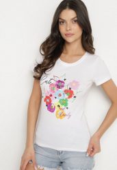 Biało-Niebieski T-shirt z Bawełny z Ozdobnym Nadrukiem Zaromeira. Białe t-shirty damskie Born2be, l, bez wzorów, z bawełny, eleganckie, bez kołnierzyka, bez ramiączek. Za 29.99 zł.