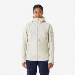 Kurtka softshell turystyczna damska Quechua MT900. Brązowe kurtki sportowe damskie SIMOND, xs, bez wzorów, z materiału, bez ramiączek, bez kaptura, trekkingowe. Za 349.99 zł.