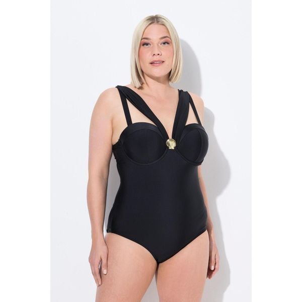 Damski Strój kąpielowy fiszbiny miękkie miseczki regulowane ramiączka. Czarne stroje kąpielowe damskie Ulla Popken, plus size, bez wzorów, z elastanu. Za 279.99 zł.