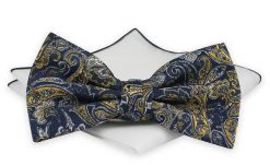 Mucha z Białą Poszetką, Granatowa w Żółto-Szary Wzór Orientalny, Elegancka, Męska -CHATTIER. Niebieskie krawaty i muchy Chattier, bez wzorów, eleganckie. Za 59.00 zł.