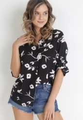 Czarna Koszula w Stylu Kimono w Kwiaty z Bawełny i Wiskozy Geraldina. Czarne koszule damskie Born2be, m, bez wzorów, z bawełny, bez kołnierzyka, bez ramiączek. Za 49.99 zł.