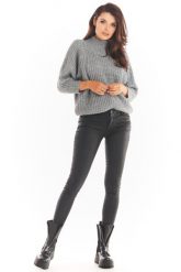 Kimonowy Sweter z Półgolfem - Szary. Szare swetry nierozpinane damskie Awama, uniwersalny, bez wzorów, z materiału, bez kołnierzyka, bez ramiączek. Za 242.90 zł.