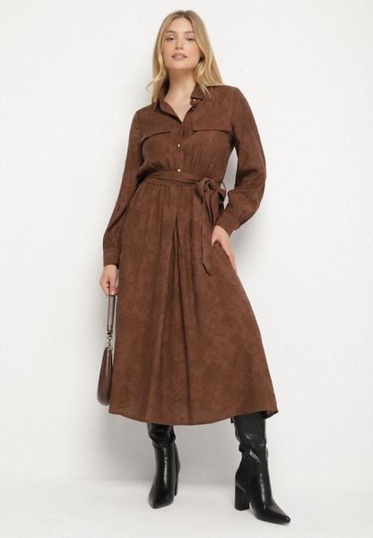 Brązowa Rozkloszowana Sukienka Koszulowa z Wiskozy z Wiązanym Paskiem Isodira. Brązowe sukienki damskie Born2be, na co dzień, l, bez wzorów, z wiskozy, klasyczne, bez kołnierzyka, bez ramiączek, koszulowe. Za 149.99 zł.