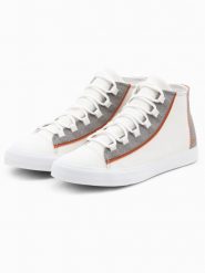 Męskie buty trampki z kontrastującymi elementami - białe V1 OM-FOTH-0140 - 43. Białe trampki męskie Ombre Clothing, bez wzorów, z gumy, przed kolano, bez zapięcia. W wyprzedaży za 89.99 zł.