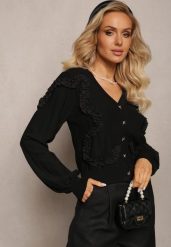 Czarny Kardigan Zapinany z Ozdobnymi Falbankami Diselda. Czarne kardigany damskie Renee, na zimę, bez wzorów, bez kołnierzyka. Za 129.99 zł.