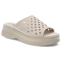 Klapki damskie S. Barski, na grubej podeszwie z miękkimi wkładkami dziurowane, beżowe, LR51-537. Brązowe klapki damskie S.BARSKI, na lato, bez wzorów, wakacyjne, bez obcasa, bez zapięcia. Za 149.00 zł.