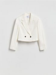 Marynarka z lnem - biały. Białe marynarki i żakiety damskie Reserved, bez wzorów, z tkaniny, bez kołnierzyka, bez ramiączek. Za 179.99 zł.