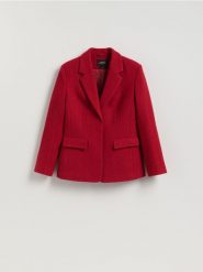 Marynarka z wełną - czerwony. Czerwone marynarki i żakiety damskie Reserved, bez wzorów, z wełny, bez kołnierzyka, bez ramiączek. Za 399.99 zł.