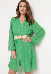 Zielona Sukienka Nesilwyn. Zielone sukienki damskie Born2be, m, bez wzorów, z tkaniny, boho, bez kołnierzyka, bez ramiączek, mini, rozkloszowane. Za 79.99 zł.