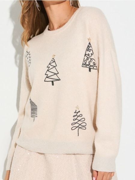 Sweter z motywem świątecznym - Inny. Swetry nierozpinane damskie Sinsay, l, bez wzorów, wizytowe, bez kołnierzyka, bez ramiączek. Za 59.99 zł.