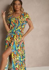 Żółta Sukienka z Bawełny w Abstrakcyjny Wzór Emisienna. Żółte sukienki damskie Renee, na imprezę, na lato, l, bez wzorów, z bawełny, eleganckie, bez kołnierzyka, bez ramiączek, maxi. Za 49.99 zł.