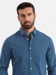 Męska koszula w drobny wzór SLIM FIT - granatowa V1 - Rozmiar: S. Niebieskie koszule męskie Ombre Clothing, l, bez wzorów, z bawełny, klasyczne, bez kołnierzyka, bez ramiączek. W wyprzedaży za 69.99 zł.
