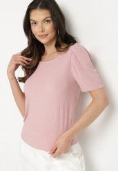 Różowy Prążkowany T-shirt z Zakładkami przy Rękawach Kolanovia. Czerwone t-shirty damskie Born2be, l, bez wzorów, z jeansu, bez kołnierzyka, bez ramiączek. Za 34.99 zł.