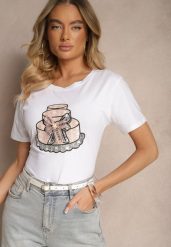 Biały Bawełniany T-shirt z Kokardą 3D i Nadrukiem Tortu Sanaviela. Białe t-shirty damskie Renee, l, bez wzorów, z bawełny, eleganckie, bez kołnierzyka, bez ramiączek. Za 39.99 zł.