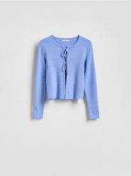 Kardigan z wiązaniem - niebieski. Niebieskie kardigany damskie Reserved, l, bez wzorów, z dzianiny, bez kołnierzyka. Za 119.99 zł.