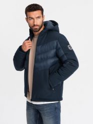 Pikowana kurtka męska z łączonych materiałów z wysokim kołnierzem – granatowa V2 OM-JALP-0172 - XXL. Niebieskie kurtki męskie Ombre Clothing, l, z aplikacjami, z gumy, sportowe, bez kaptura. W wyprzedaży za 139.99 zł.