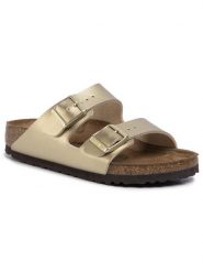 Birkenstock Klapki Arizona Bs 1016111 Złoty. Żółte klapki damskie Birkenstock, bez wzorów, ze skóry, bez obcasa, bez zapięcia. Za 399.99 zł.