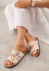 Beżowe Szydełkowe Klapki z Paskami ze Sprzączkami na Podeszwie z Imitacji Korka Elriess. Brązowe klapki damskie Renee, w ażurowe wzory, z jeansu, boho, bez obcasa, na płaskiej podeszwie, bez zapięcia. Za 89.99 zł.