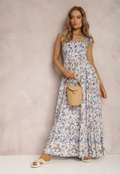 Biało-Niebieska Sukienka Agarynome. Niebieskie sukienki damskie Renee, na lato, l, z aplikacjami, bez kołnierzyka, bez ramiączek, maxi, rozkloszowane. Za 74.99 zł.