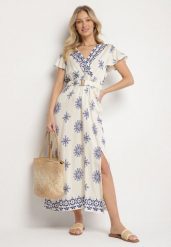 Niebieska Sukienka w Ornamentalny Wzór z Elastycznym Paskiem Tosvanna. Niebieskie sukienki damskie Born2be, na co dzień, l, z aplikacjami, eleganckie, bez kołnierzyka, bez ramiączek, maxi, kopertowe. Za 79.99 zł.