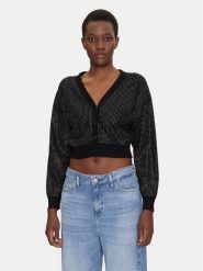 Guess Kardigan W5GR08 Z3MN2 Czarny Regular Fit. Czarne kardigany damskie Guess, xxl, z aplikacjami, z syntetyku, bez kołnierzyka. Za 329.99 zł.