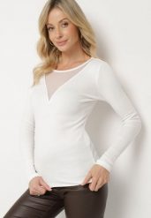 Biała Bawełniana Bluzka z Prążkowanego Materiału Wilila. Białe bluzki damskie Born2be, bez wzorów, z bawełny, eleganckie, bez kołnierzyka, bez ramiączek. Za 59.99 zł.